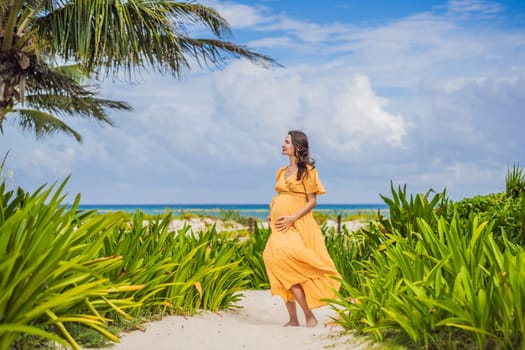 A radiant pregnant woman after 40 basking in the sun's warmth on a tropical beach, cherishing the serenity and bliss of her pregnancy journey.