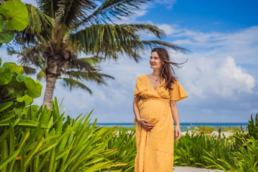 A radiant pregnant woman after 40 basking in the sun's warmth on a tropical beach, cherishing the serenity and bliss of her pregnancy journey.