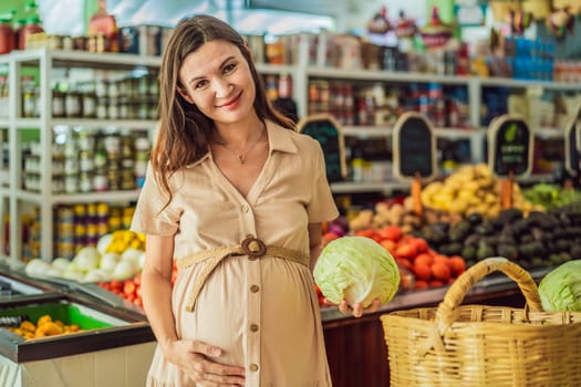 A glowing pregnant woman after forty makes a healthy choice as she selects organic vegetables and fruits at the vibrant organic market, prioritizing her well-being and her baby's health.