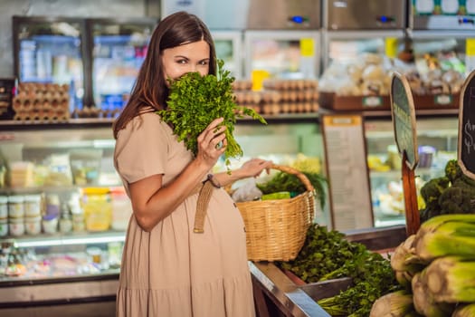 A glowing pregnant woman after forty makes a healthy choice as she selects organic vegetables and fruits at the vibrant organic market, prioritizing her well-being and her baby's health.