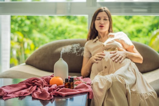 A serene moment captured as a pregnant woman after 40 embraces the soothing benefits of aroma oils and an aroma diffuser, enhancing her pregnancy journey with relaxation and tranquility.