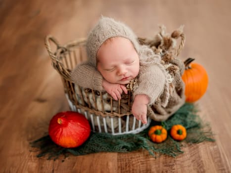 Newborn sleeping in basket next to ripe pumpkins