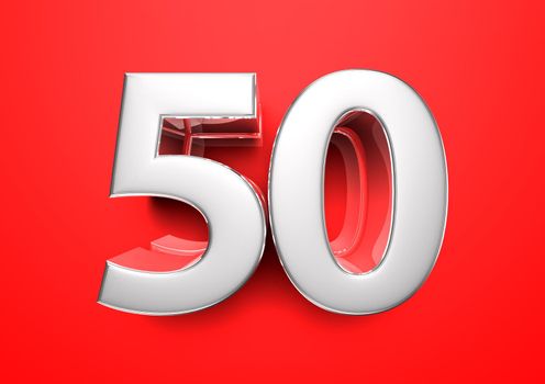 Price tag 50. Anniversary 50. Number 50 3D illustration on a red background.