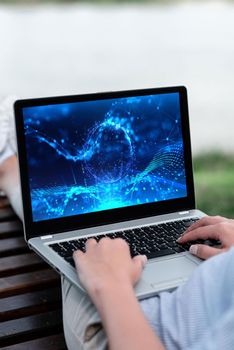 Laptop Resting On Lap Of Woman With Flat Legs Accomplishing Remote Job.