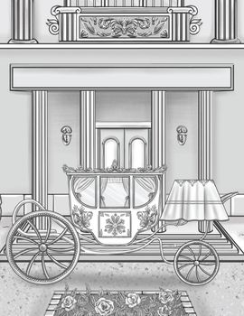 Vintage Noble Carriage Parked Outside The Mansion Line Drawing.