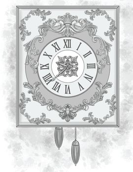 Large Vintage Clock With Beautiful Carved Designs Colorless Line Drawing.