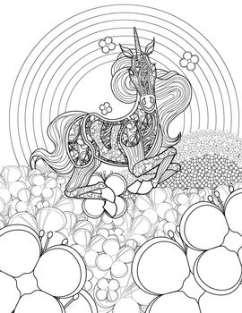 Beautiful Unicorn In Flower Fields Looking Front Colorless Line Drawing.