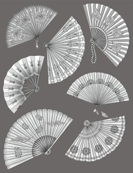 Different Designs Of Antique Handheld Fan Colorless Line Drawing.