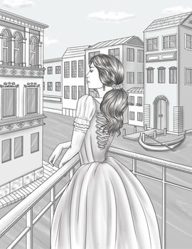 Lady In Dress Standing On Balcony Viewing Italian Water Canal Line Drawing.