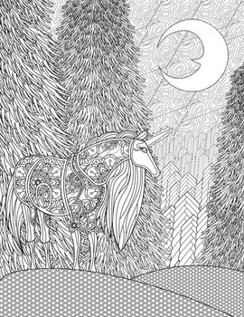 Unicorn Standing On The Tall Trees Forest Below A Crescent Moon.