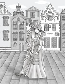 Man In Suite And Woman In Dress Walking On The Streets Tall Structures.