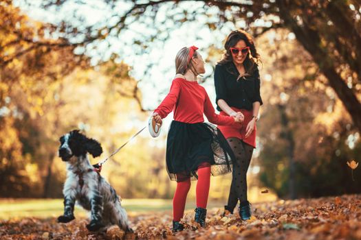 Beautiful young mother and her happy daughter having fun in the forest with their pet dog in sunset. They are holding hands, laughing and walking.
