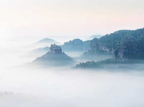 Panoramic misty view of forested Winterstein hinteres Raubschloss in Saxon Switzerland. Few minutes before sunrise