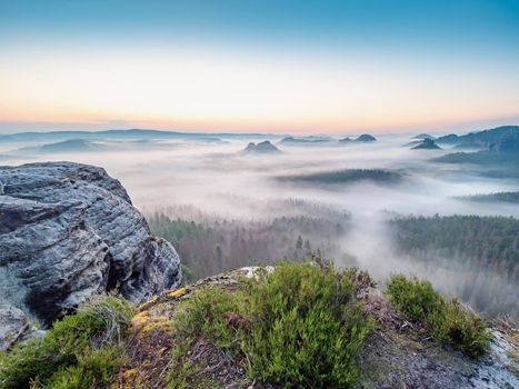 Misty Elbe Valley Sandstone Mountains or Foggy Saxon Switzerland. Popular touristic destination between sandstone massive blocks.