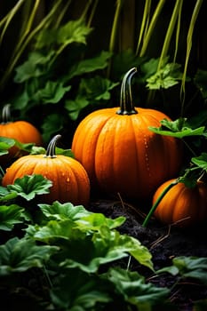 Close-up of ripe orange pumpkins in a field. Autumn, harvest. Selective focus. AI Generated.....