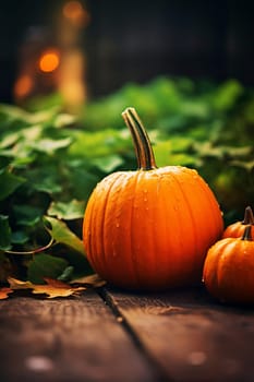 Close-up of ripe orange pumpkins in a field. Autumn, harvest. Selective focus. AI Generated.....
