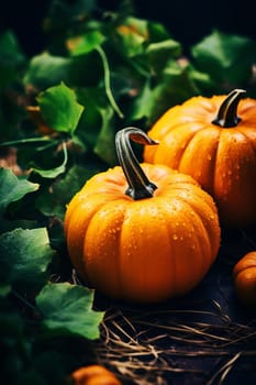 Close-up of ripe orange pumpkins in a field. Autumn, harvest. Selective focus. AI Generated.....