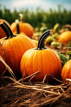Close-up of ripe orange pumpkins in a field. Autumn, harvest. Selective focus. AI Generated.....
