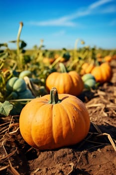 Close-up of ripe orange pumpkins in a field. Autumn, harvest. Selective focus. AI Generated.....