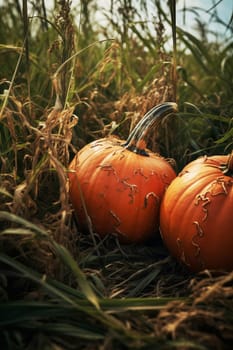 Close-up of ripe orange pumpkins in a field. Autumn, harvest. Selective focus. AI Generated.....