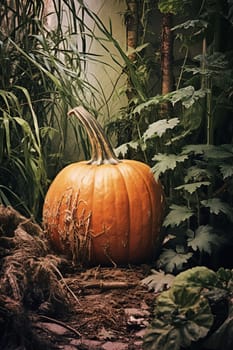 Close-up of ripe orange pumpkins in a field. Autumn, harvest. Selective focus. AI Generated.....