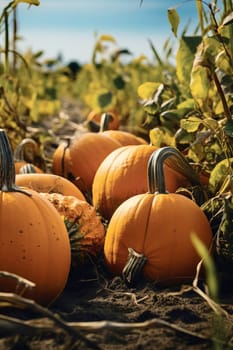 Close-up of ripe orange pumpkins in a field. Autumn, harvest. Selective focus. AI Generated.....