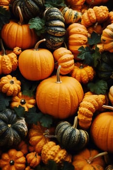 Close-up of ripe orange pumpkins in a field. Autumn, harvest. Selective focus. AI Generated.....