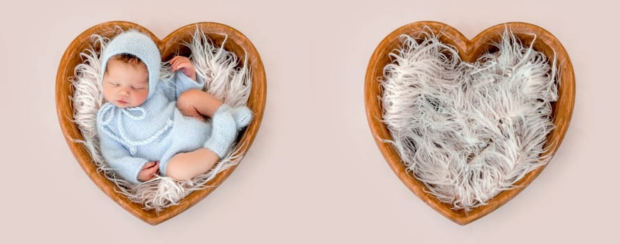 Newborn baby boy sleeping wearing knitted costume and hat in tiny heart shape bed. Infant kid studio portrait with fur. Collage mix with infant and studio furniture for kid photoshoot