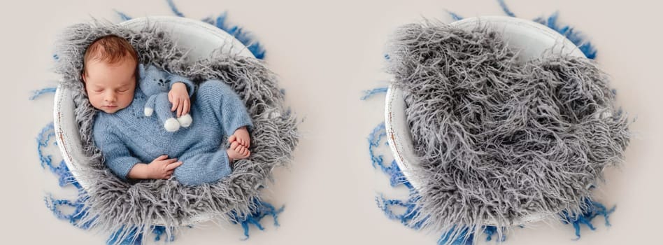 Sweet newborn with toy resting in a white round cradle. Collage mix with infant and studio furniture for kid photoshoot