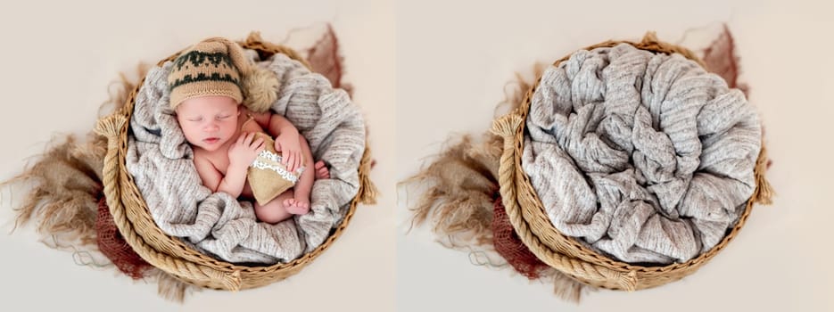 Sweet newborn with toy resting in a white round cradle. Collage mix with infant and studio furniture for kid photoshoot