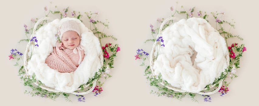 Sleeping newborn baby girl wrapped in a basket with flowers. Collage mix with infant and studio furniture for kid photoshoot