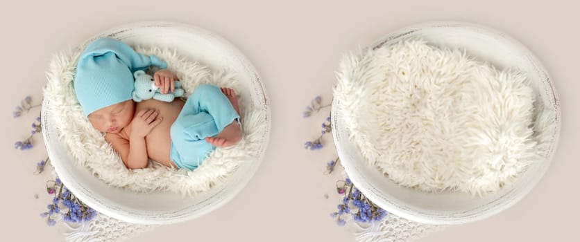 Sweet newborn with toy resting in a white round cradle. Collage mix with infant and studio furniture for kid photoshoot