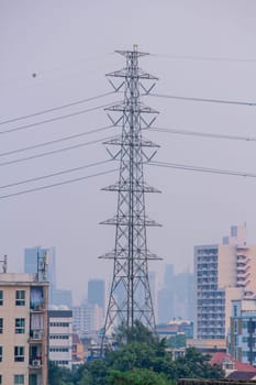 High voltage electric poles in downtown Bangkok, Thailand