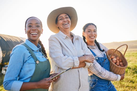 Chicken farm, women portrait and happy with farmer web management and egg collect. Agriculture, diversity and female group with small business in countryside with eco friendly work and success.