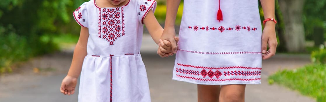Children Ukrainians in vyshyvanka are patriots. Selective focus. victory,
