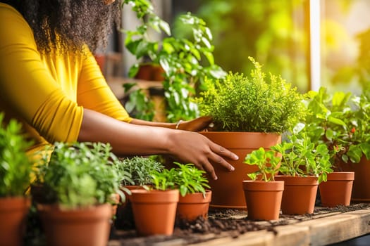 A woman plants houseplants in a pot. High quality photo