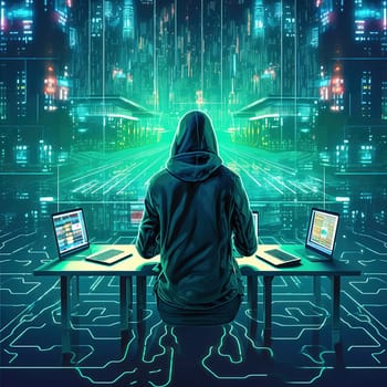 A male programmer works at a computer. World Wide Web. High quality illustration