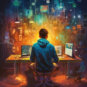 A male programmer works at a computer. World Wide Web. High quality illustration