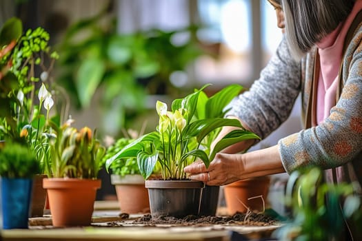 A woman plants houseplants in a pot. High quality photo