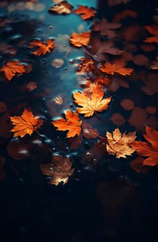 Close-up of fallen maple leaves in an autumn puddle after rain. Autumn, fading, leaf fall. Selective focus. AI generathed...