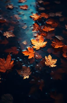 Close-up of fallen maple leaves in an autumn puddle after rain. Autumn, fading, leaf fall. Selective focus. AI generathed...