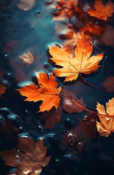 Close-up of fallen maple leaves in an autumn puddle after rain. Autumn, fading, leaf fall. Selective focus. AI generathed...