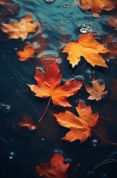 Close-up of fallen maple leaves in an autumn puddle after rain. Autumn, fading, leaf fall. Selective focus. AI generathed...