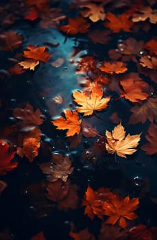 Close-up of fallen maple leaves in an autumn puddle after rain. Autumn, fading, leaf fall. Selective focus. AI generathed...