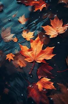 Close-up of fallen maple leaves in an autumn puddle after rain. Autumn, fading, leaf fall. Selective focus. AI generathed...