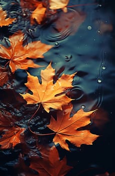 Close-up of fallen maple leaves in an autumn puddle after rain. Autumn, fading, leaf fall. Selective focus. AI generathed...