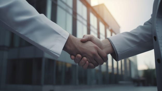 Handshake of two men in white coats on the background of a glass building, at sunset.