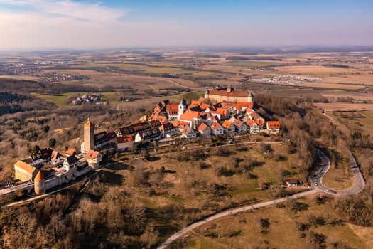 The historic Waldenburg with church and castle above the Hohenloher Land seen by a drone, Baden-Wuerttemberg, Germany