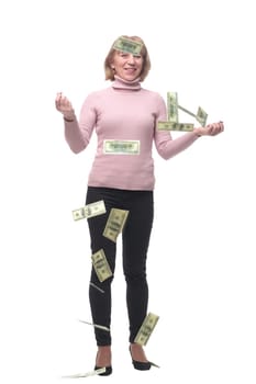 Business woman is standing in the rain of the dollar bills. A concept of professional achievement
