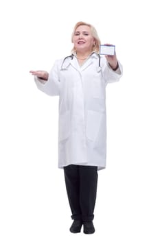 Medical doctor showing business card sign, blank with copy space for text or design. Woman medical professional isolated on white background